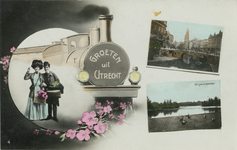 602739 Afbeelding van een prentbriefkaart met een algemeen beeld van een man en vrouw naast een stoomtrein en twee ...